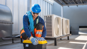 HVAC contractor preparing equipment for a local service call