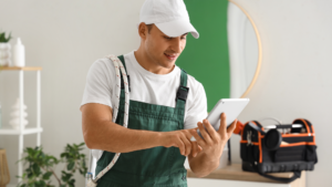 Plumbing technician reviewing tablet to boost local visibility
