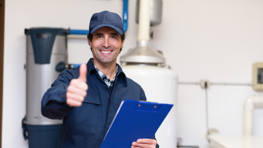 Satisfied plumber holding clipboard after water heater inspection