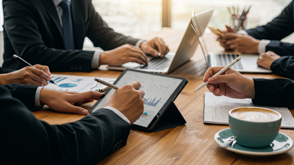 Colleagues discussing ranking data affected by inconsistent business listings