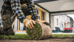 Landscaper installing fresh sod roll for local client