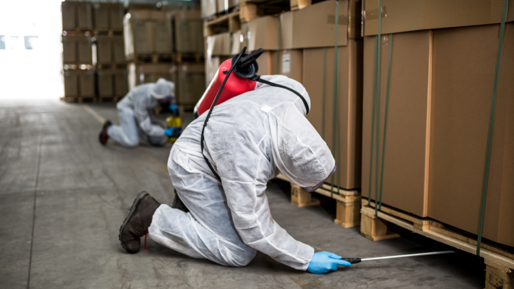 Pest control technicians treating commercial warehouse for infestations