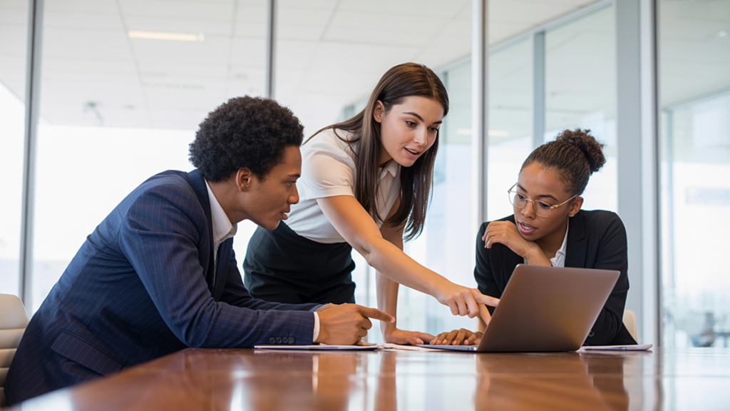 Team reviewing local listing updates together on a laptop
